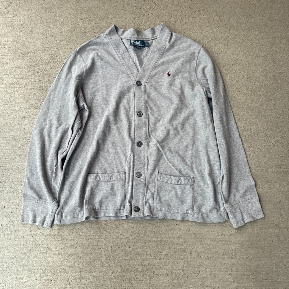 Polo Ralph Lauren Mens Cardigan Sweater Gray Black Pony Logo Patch Pocket XL